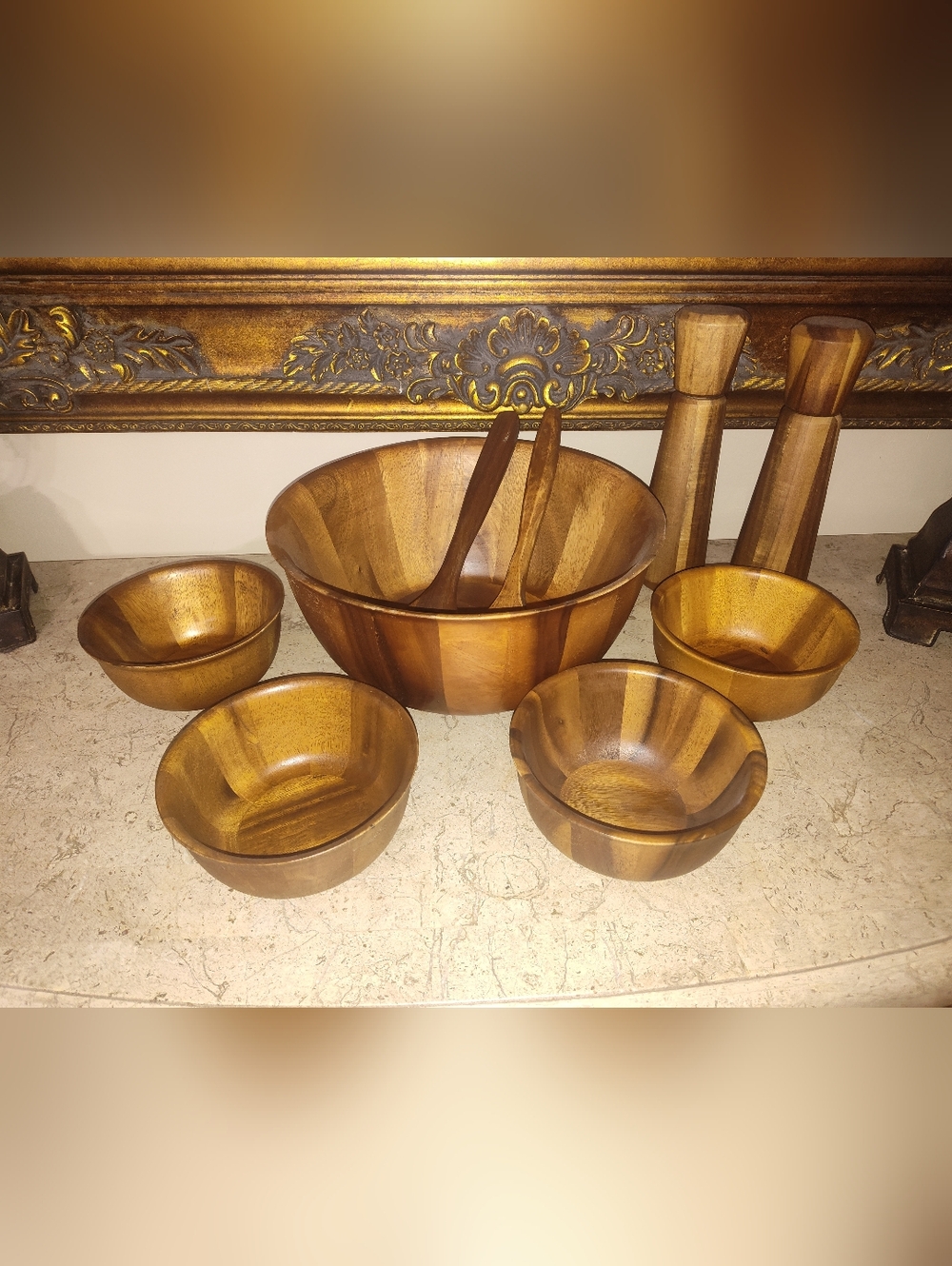 B SMITH Natural Wood Salad Bowl Set in Brown and Tan.